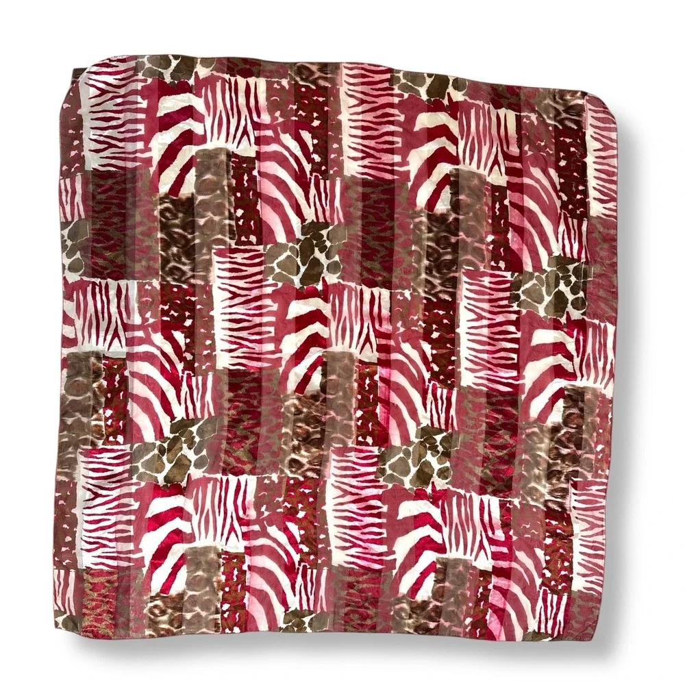 Camouflage Animal Print Patchwork Square Scarf Burgundy Brown Metallic Sheer 35